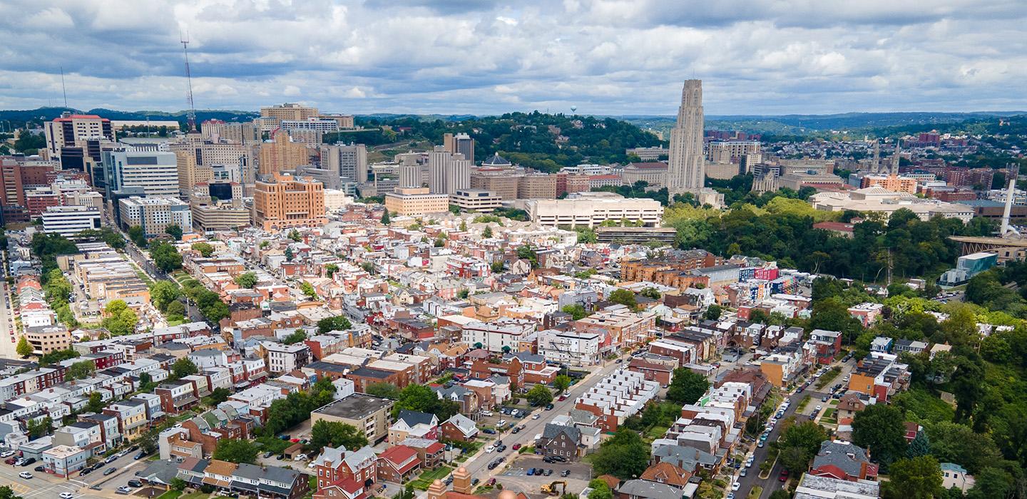 A drone shot of Pittsburgh's South Oakland and Hazelwood neighborhoods