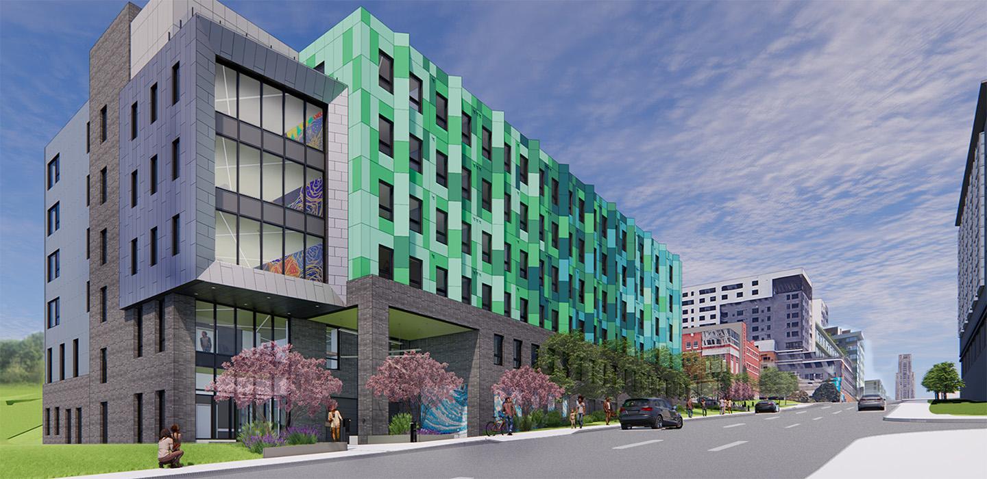 A rendering of an apartment building