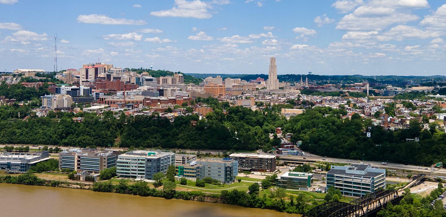 A drone shot of Oakland in Pittsburgh