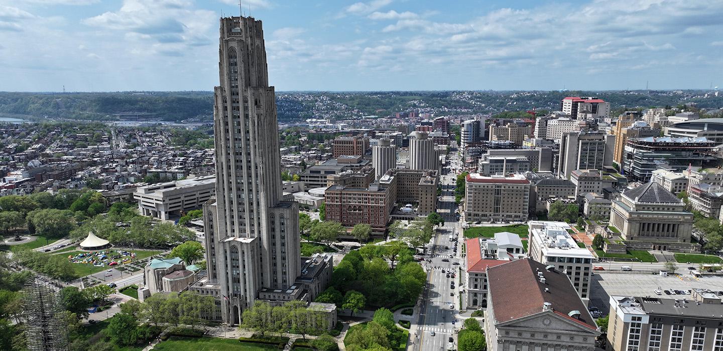 A drone shot of the Pittsburgh campus