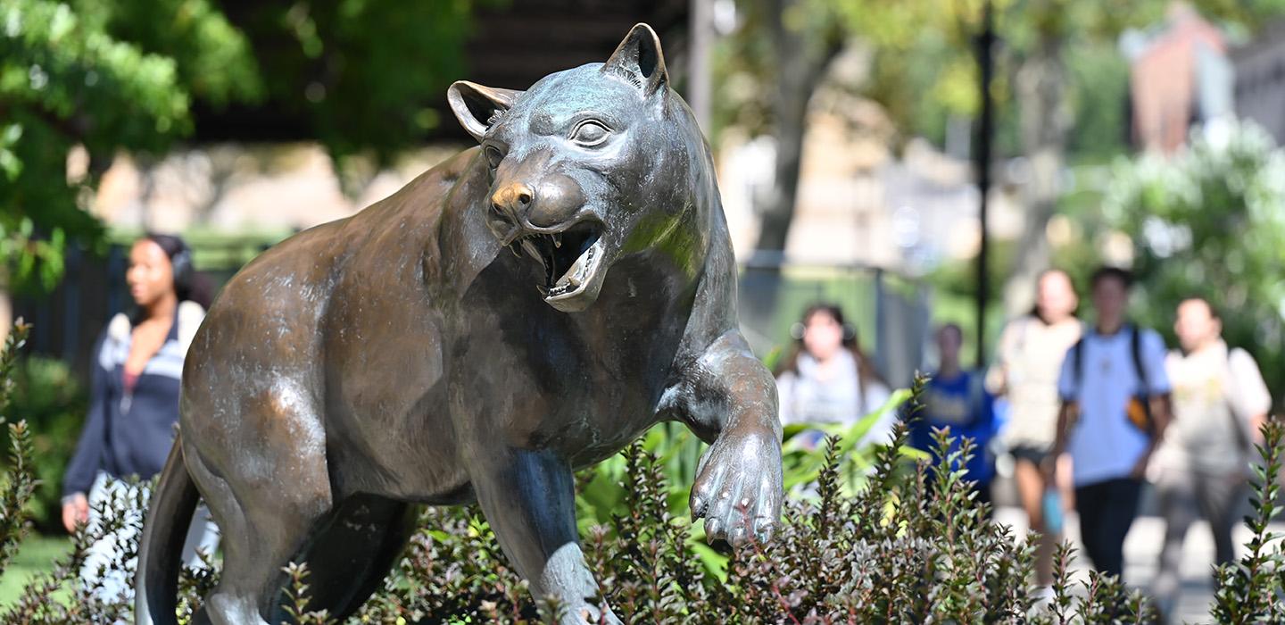 Students walk by the bronze panther statue