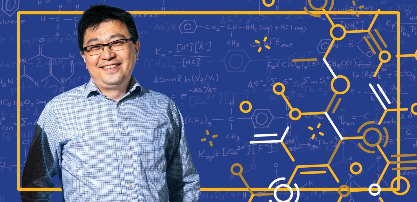 Peng Liu with a graphic featuring chemistry motifs 