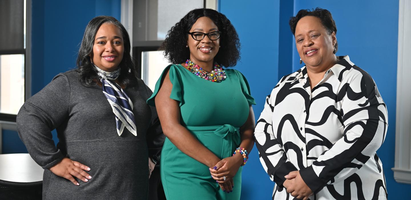 The Advanced Leadership Institute participants Nicole Rhodes, Monique Smith and Audrey Murrell, photographed in the Center for Inclusioin and Belonging.