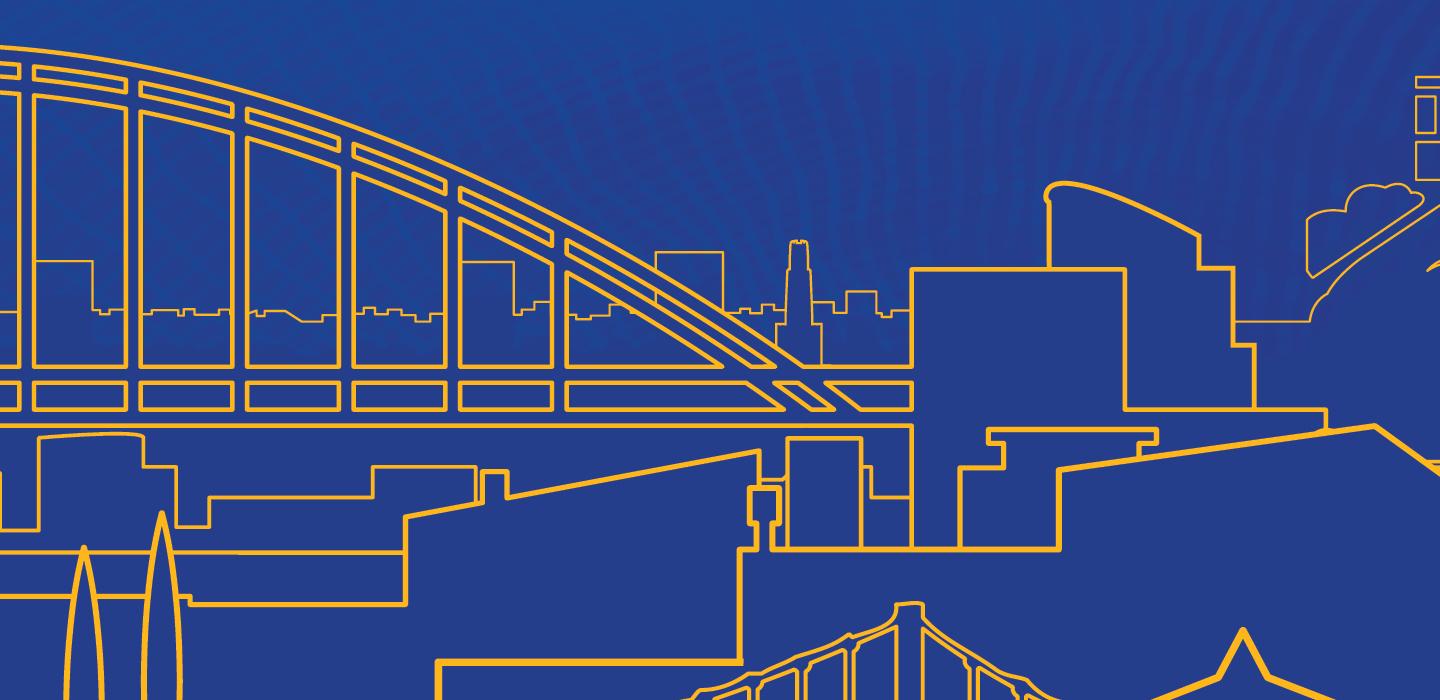 Blue and gold image of the city of Pittsburgh