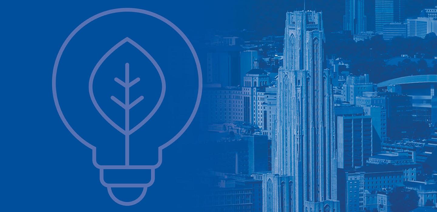 A blue design with a leaf inside of a light bulb with the cathedral of learning to the side