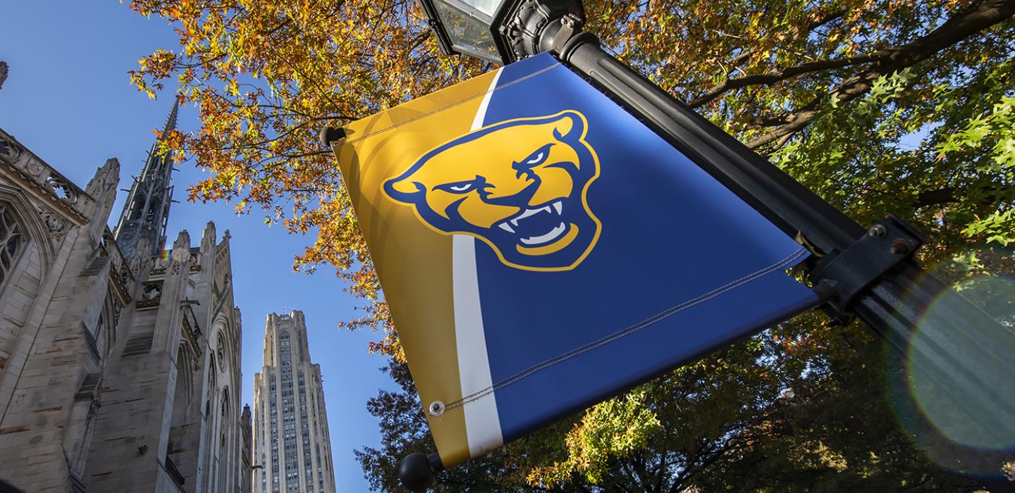 A Pitt flag with trees behind it, with orange and red leaves