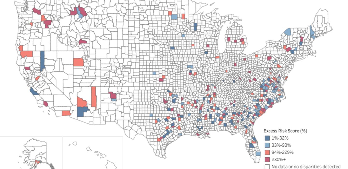 An interactive map showing disparities between communities in blue and red