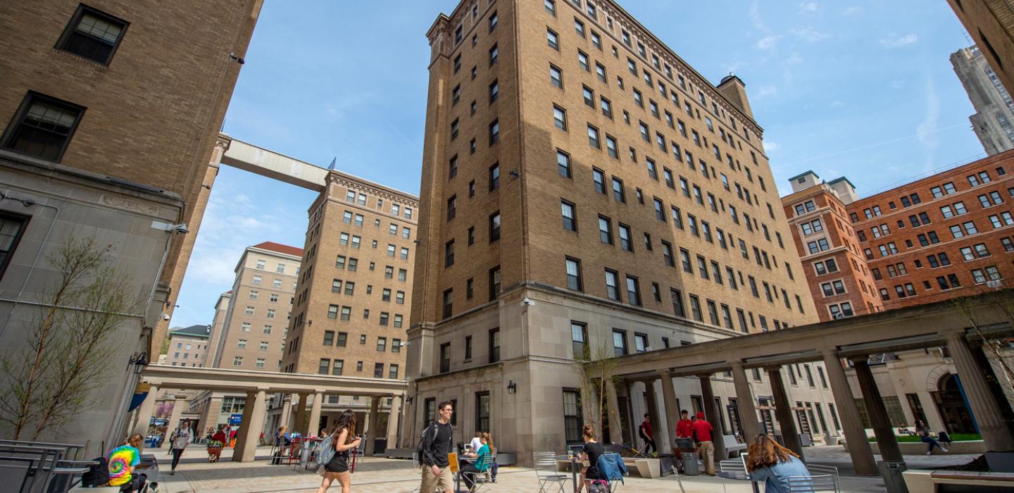 The Schenley Quad plaza with students walking about