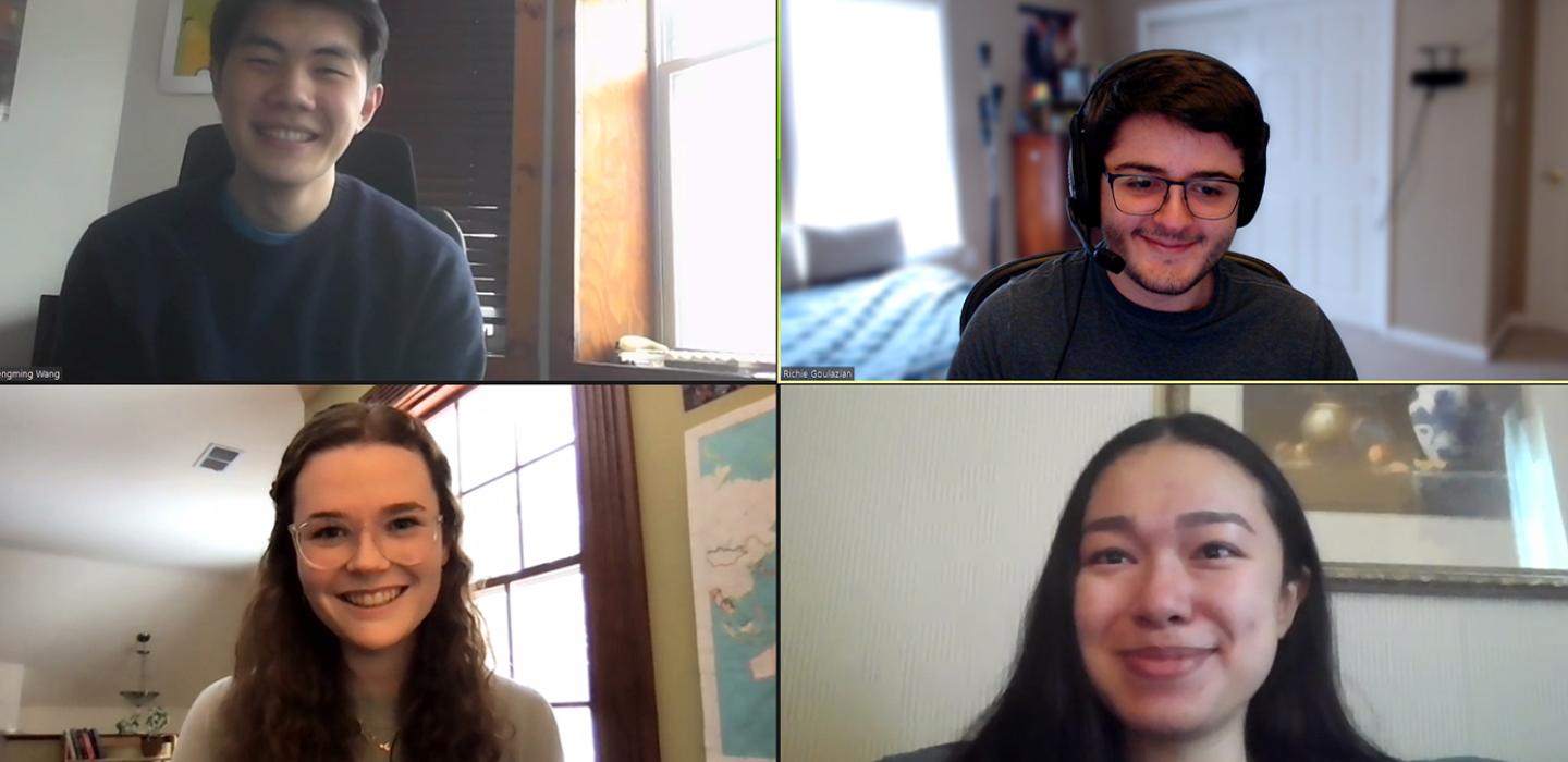 Four students in a virtual video conference call