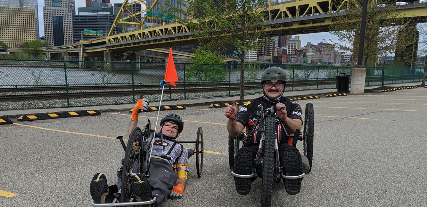 Rory Cooper (left) with friend David Gifford (right) just before the 2020 virtual Pittsburgh Marathon