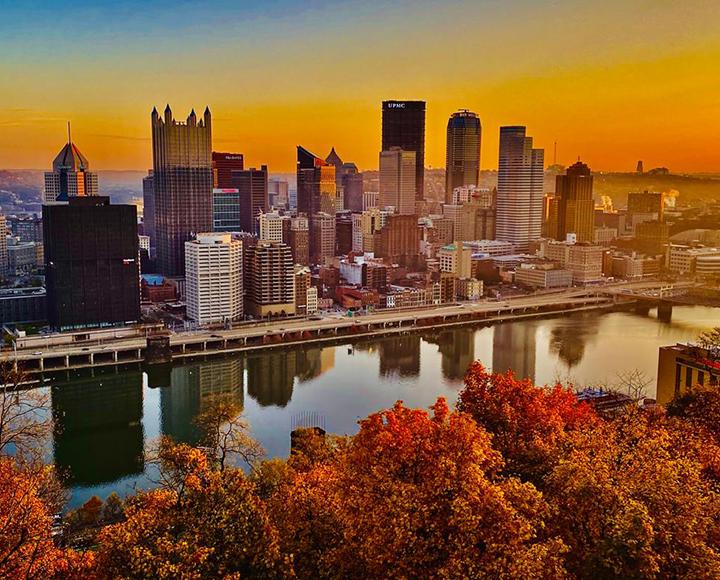 Pittsburgh skyline sunset during the fall season