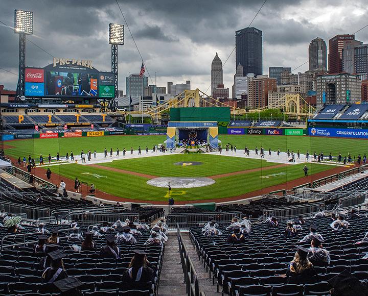 Students lined up at the Class of 2021 commencement ceremony at PNC Park