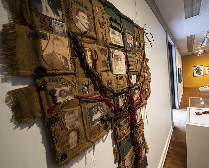 LaVerne Kemp’s fiber tree artwork hanging inside the Frick Fine Arts Building