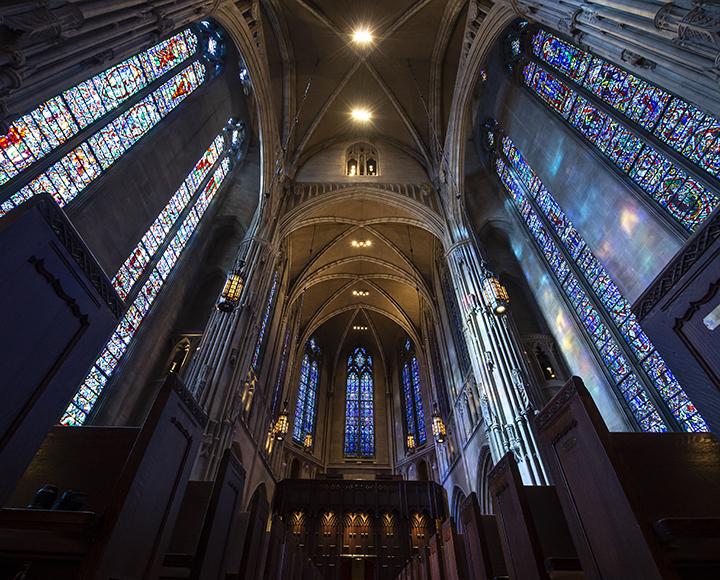 Tall ceilings and windows inside Heinz Chapel