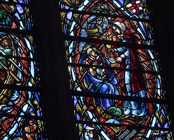 Florence Nightingale depicted on colorful stained glass window