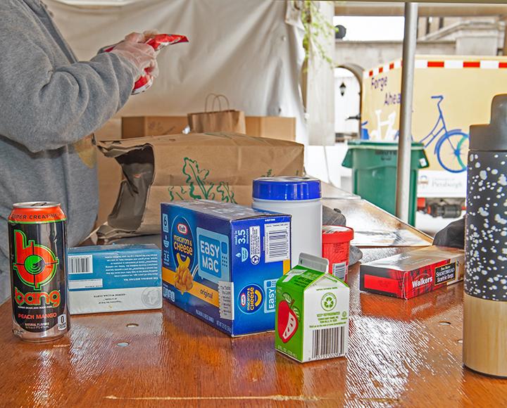 Donated food and other items on table