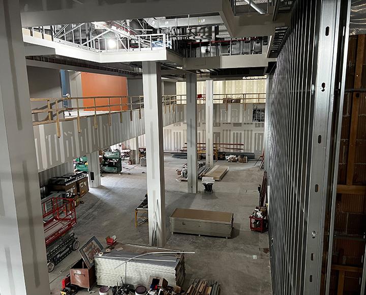 a large open area with beams exposed