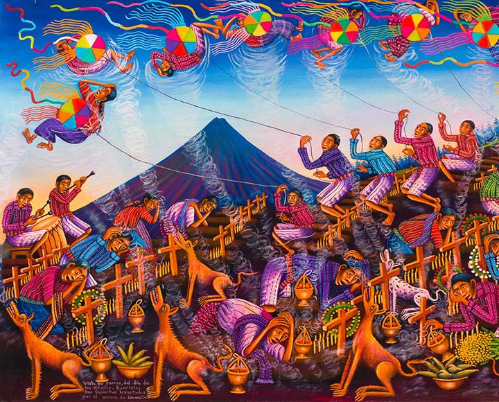 a colorful image of people looking up to the sky where people holding colorful balls are floating like kites