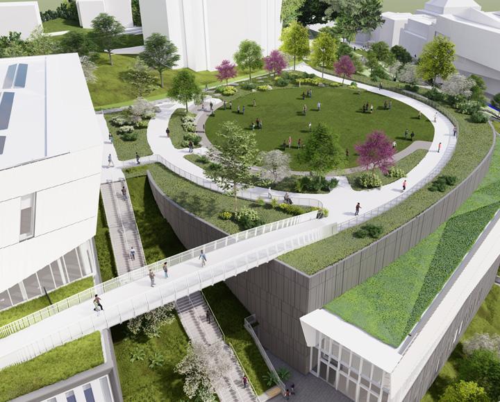 A rendering of a lawn atop a building