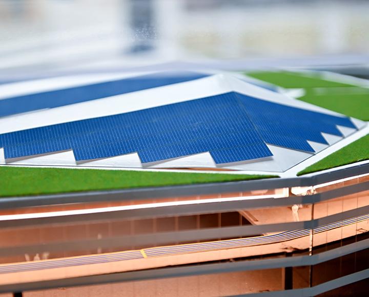 Solar panels on the roof of the recreation center model