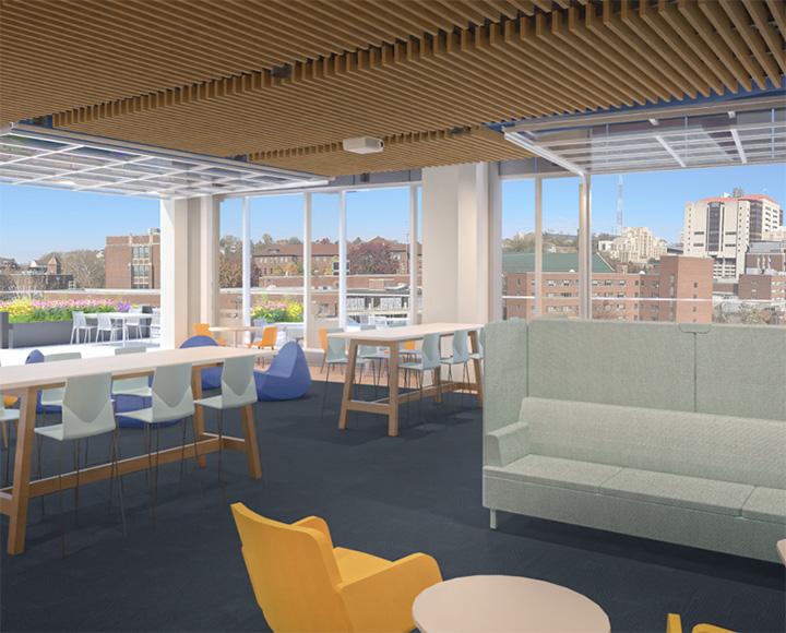 A rendering of a lounge area
