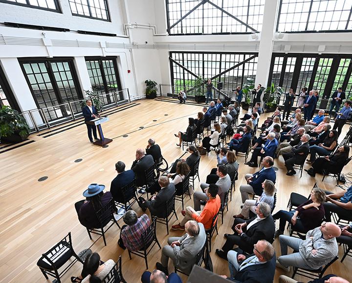 Shapiro speaks to a crowd at The Assembly.