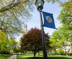 A Pitt shield banner on a lamppost outside