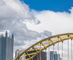 A bridge and parts of the Pittsburgh skyline