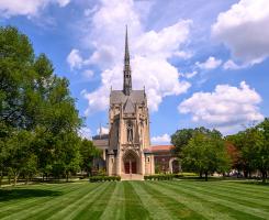 Heinz Memorial Chapel, seen across a freshly mowed lawn