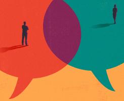 An illustration of two people standing in speech bubbles, which overlap