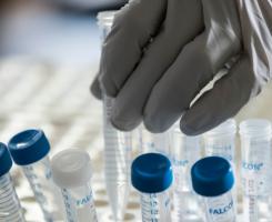 A gloved hand picks a vial from among a number of water vials. 