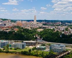 A drone shot of Oakland in Pittsburgh