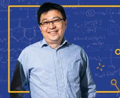 Peng Liu with a graphic featuring chemistry motifs 