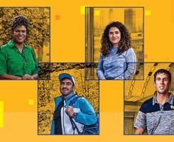 Artistic rendering of four portrait images on yellow background