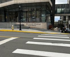 A crosswalk near the Scaife Hall entrance