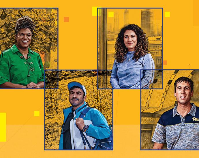 Artistic rendering of four portrait images on yellow background