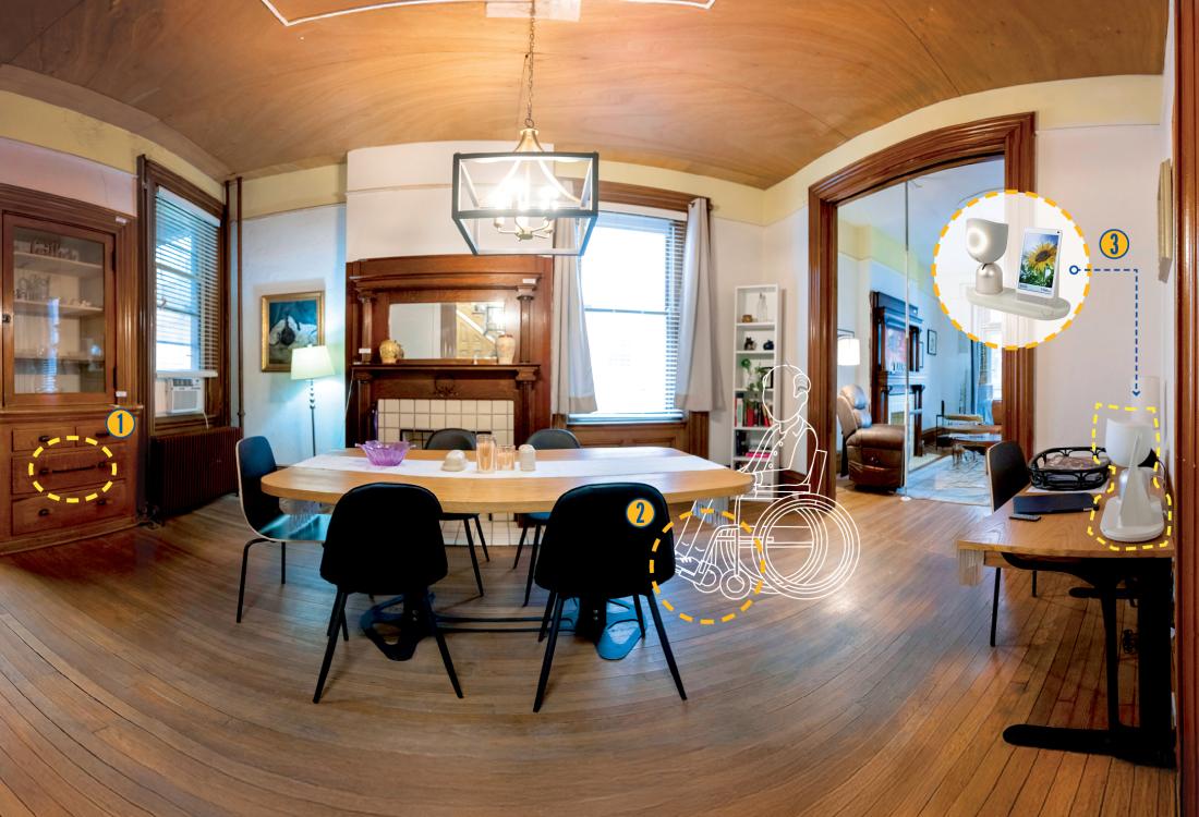Graphic of dining room with three points of interest, including more effective drawer and door pulls on a china cabinet, a semi-hidden pull bar mounted under the dining room table for people to pull themselves in to the table more easily after sitting down and various smarthome devices aimed at making day-to-day life a little bit easier.