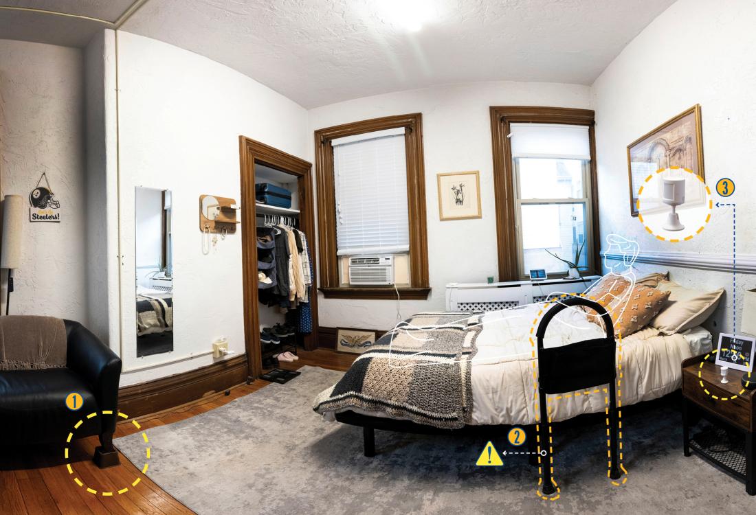 Graphic of bedroom with three points of interest, including furniture risers under the legs of a chair, motion detectors to automatically turn on lights and a handrail next to the bed.