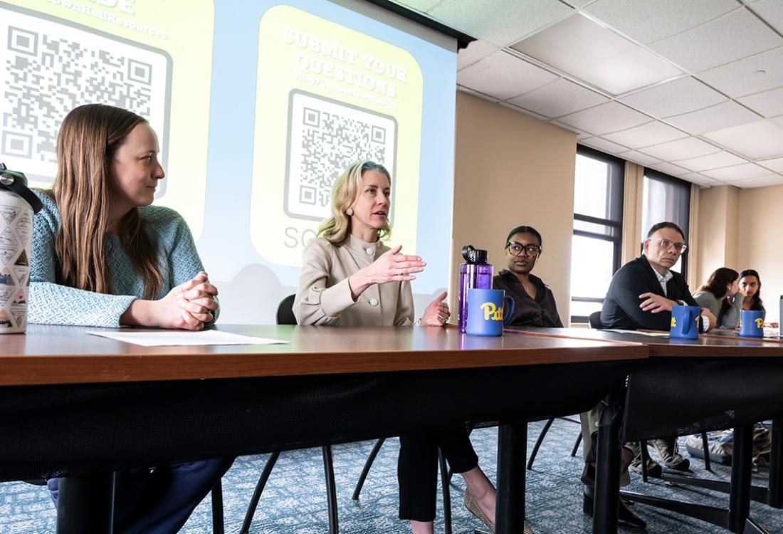 A panel speaks at a row of tables