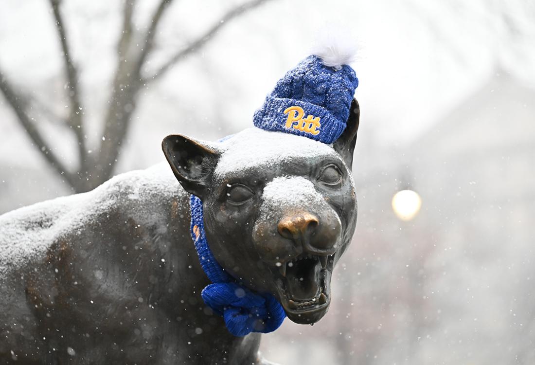 A panther statue wears a Pitt beanie on a snowy day