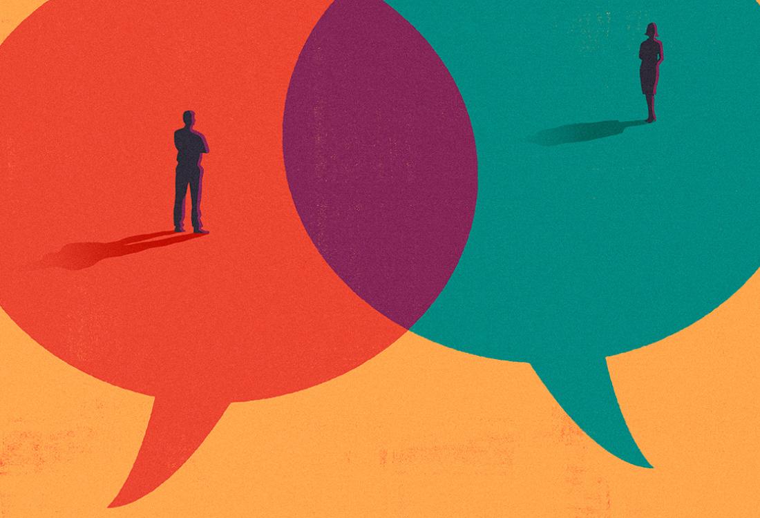 An illustration of two people standing in speech bubbles, which overlap