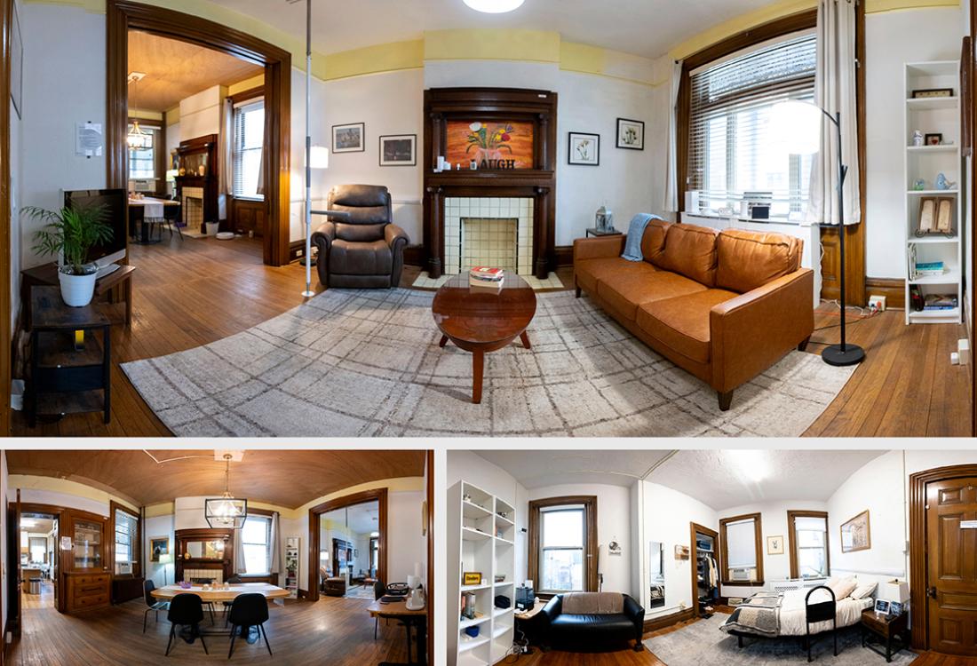 Adorned with prototypical furniture, but also more hidden technology, wide-angle views show the living room, dining room of Pitt's Healthy Home Lab