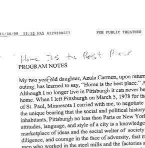 Wilson's handwriting reads Home is the best place on a page of typed program notes