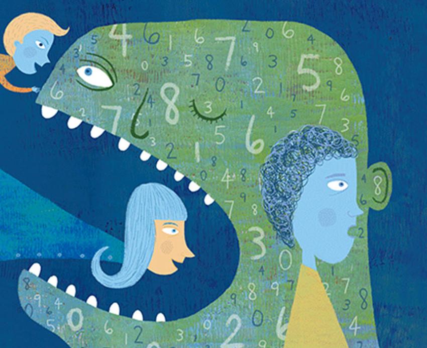 Clip art of a face covered in numbers with people inspecting it