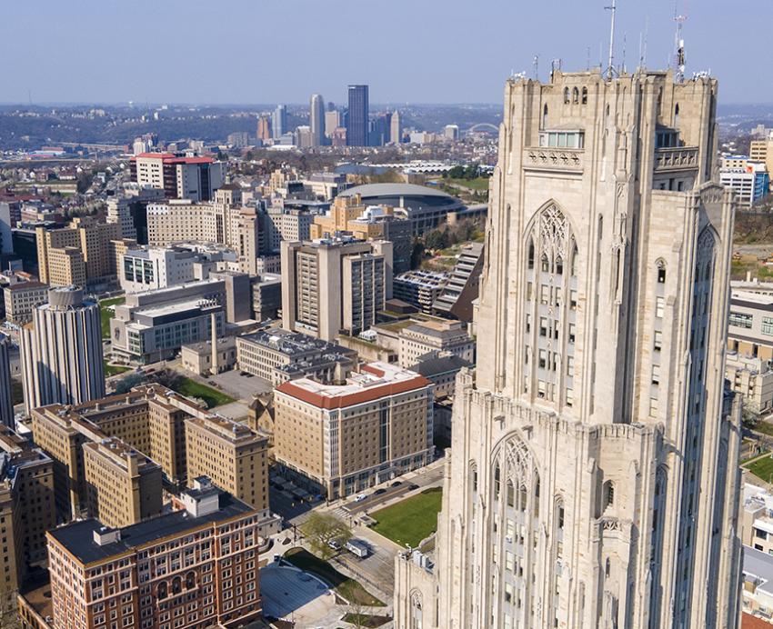 Drone image of Cathedral of Learning and Oakland