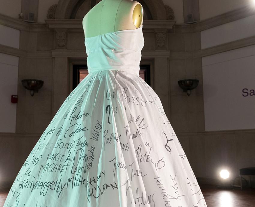 Say Her Name white dress with names written over it