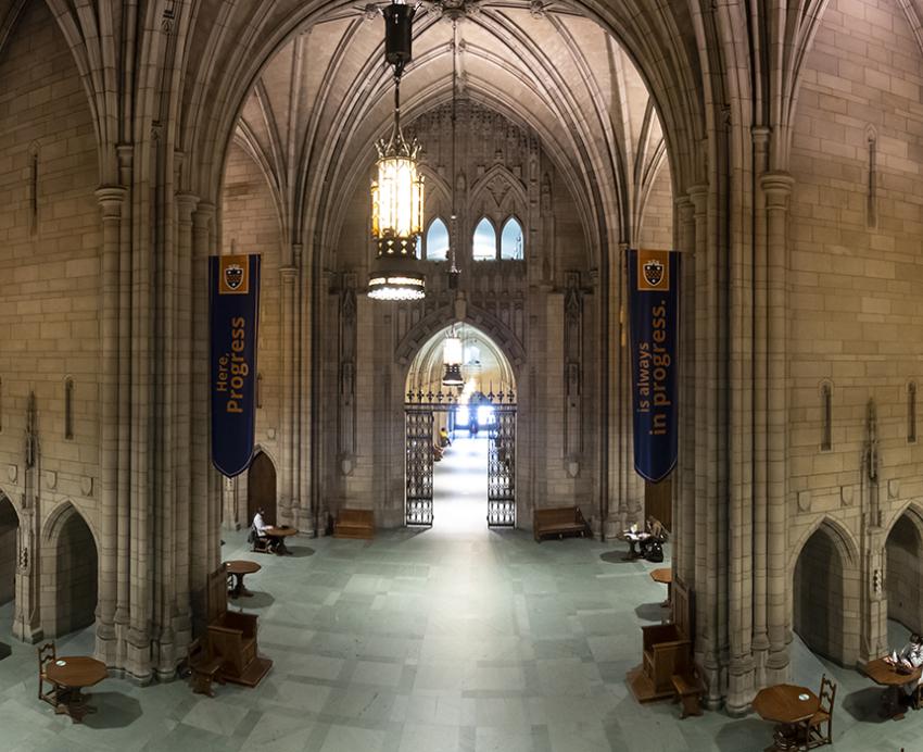 Cathedral of Learning interior renovations with desks and banners