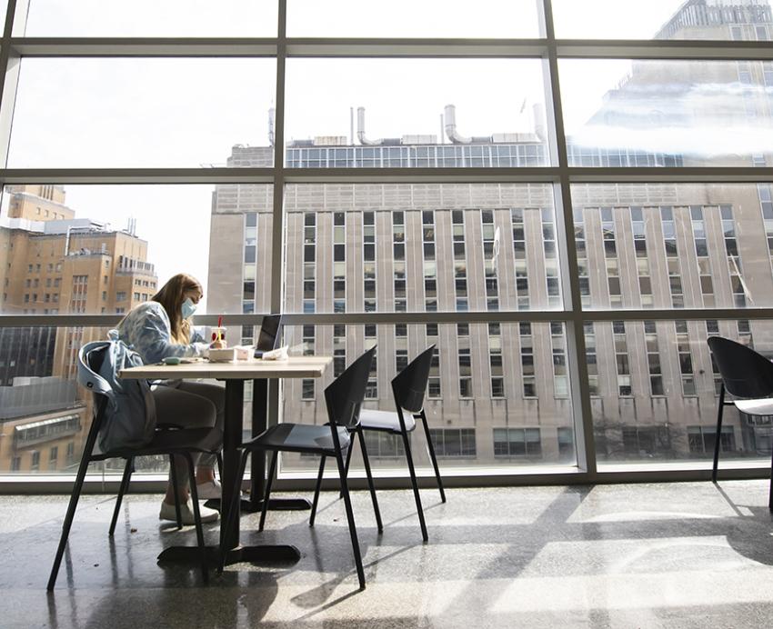 Student studying alone next to large window 