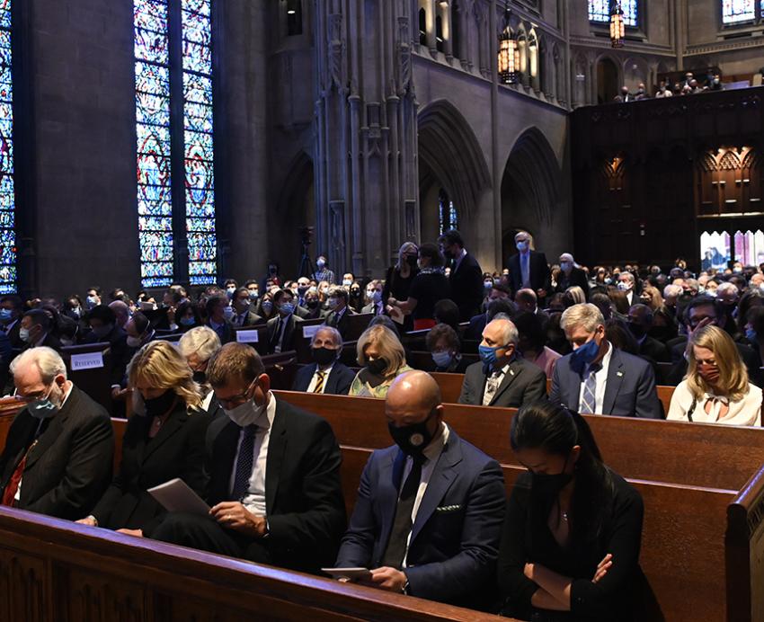 Crowd sitting with masks, attending Freddie Fu's memorial in Heinz Chapel