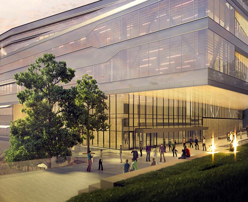 a rendering of a sleek building with many windows and greenery surrounding it
